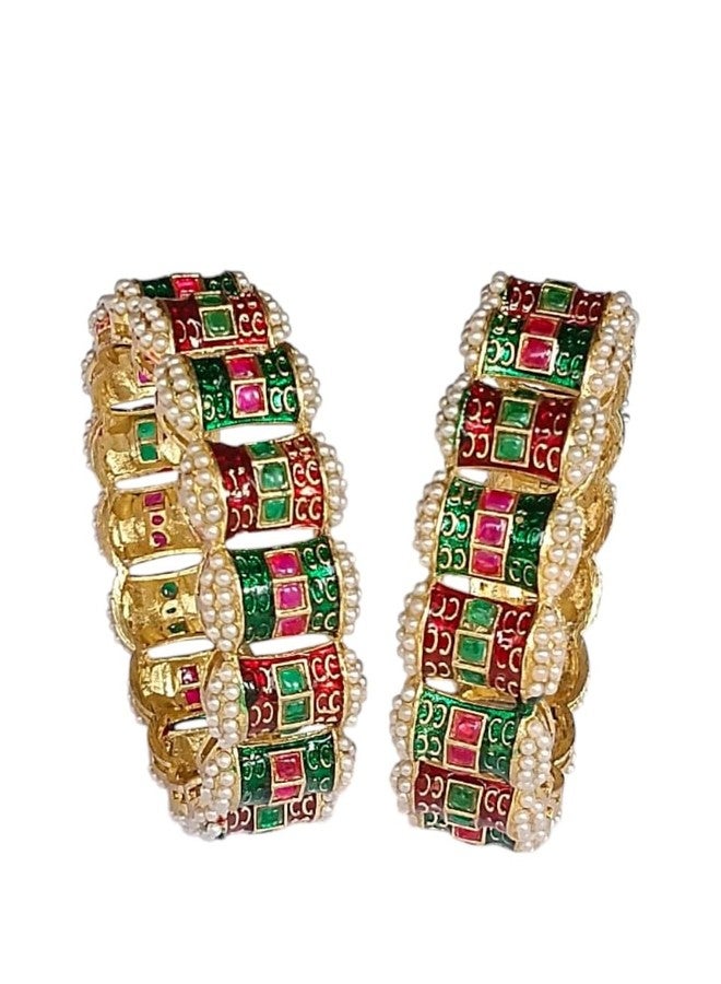 DENICRAAS Traditional Meenakari Pearl Gold Plated Bangles for Women & Girls | Multicolor Stone Studded Kada Bracelet Set | Ethnic Wedding Festive Jewellery | Stylish Designer Bangles (2.10) - Image 1