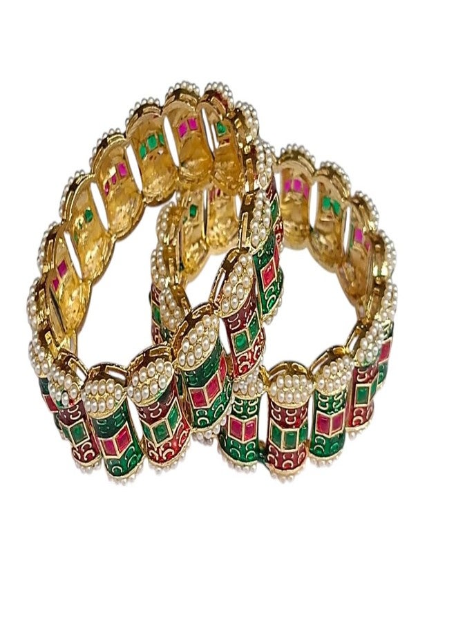DENICRAAS Traditional Meenakari Pearl Gold Plated Bangles for Women & Girls | Multicolor Stone Studded Kada Bracelet Set | Ethnic Wedding Festive Jewellery | Stylish Designer Bangles (2.10) - Image 3