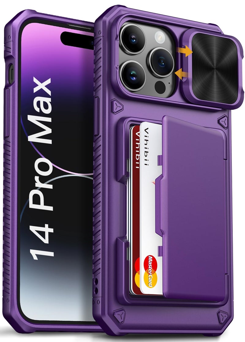 Vihibii for iPhone 14 Pro Max Wallet Case, Built-in Card Holder (4 Cards), [RFID Blocking] & Slide Camera Cover, Military Grade Drop Protection, Rugged Hard Wallet Case, 6.7" 2022, Dark Purple - Image 1