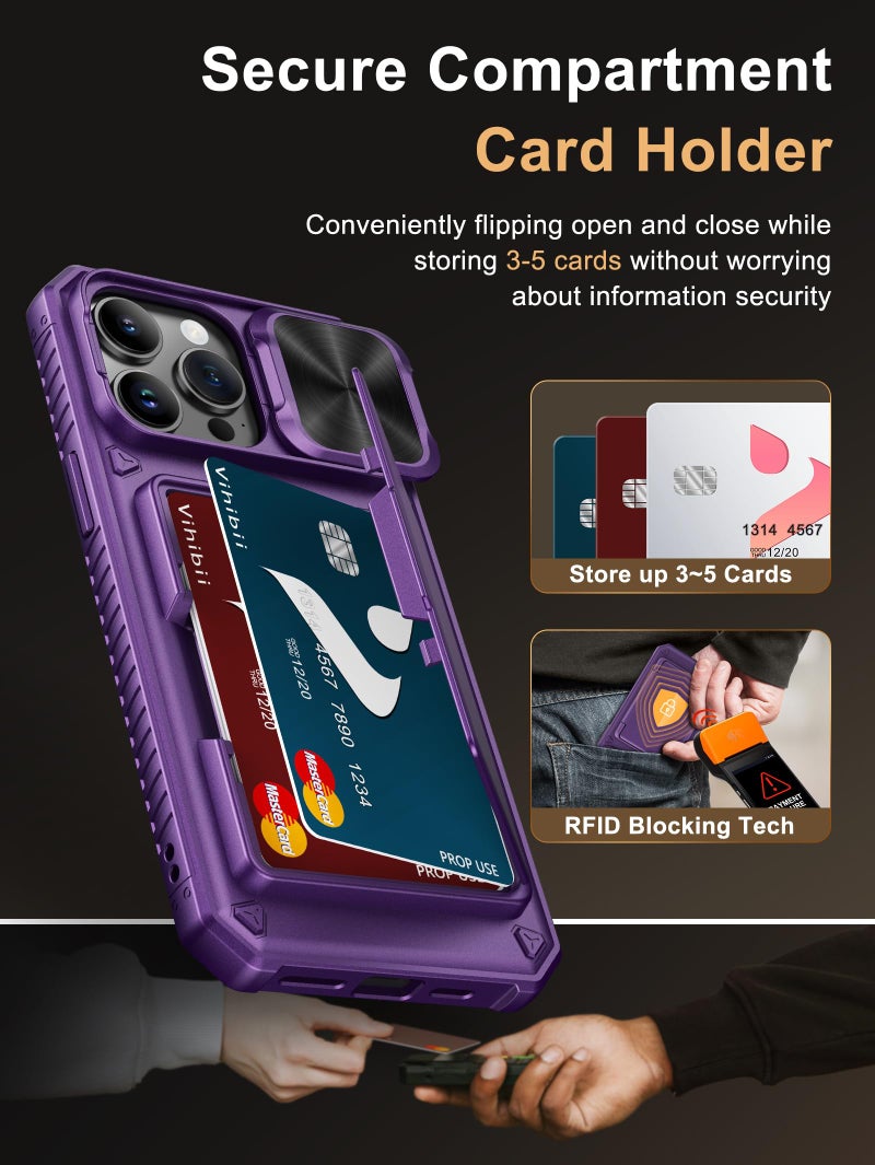 Vihibii for iPhone 14 Pro Max Wallet Case, Built-in Card Holder (4 Cards), [RFID Blocking] & Slide Camera Cover, Military Grade Drop Protection, Rugged Hard Wallet Case, 6.7" 2022, Dark Purple - Image 3