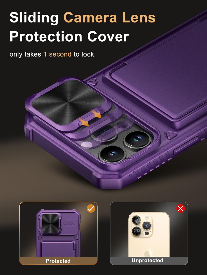 Vihibii for iPhone 14 Pro Max Wallet Case, Built-in Card Holder (4 Cards), [RFID Blocking] & Slide Camera Cover, Military Grade Drop Protection, Rugged Hard Wallet Case, 6.7" 2022, Dark Purple - Image 4