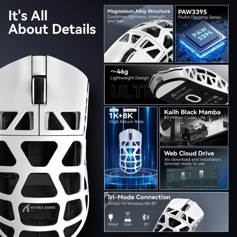 ATTACK SHARK R3 Magnesium Alloy Mouse, Wireless 8K Mouse, 46g SUPERLIGHT Mouse, PixArt PAW3395 Gaming Sensor, BT/2.4G/Wired Gaming Mouse, Adjustable DPI 26000, Office Mice for Win11/Xbox/PS/Mac -White - Image 4