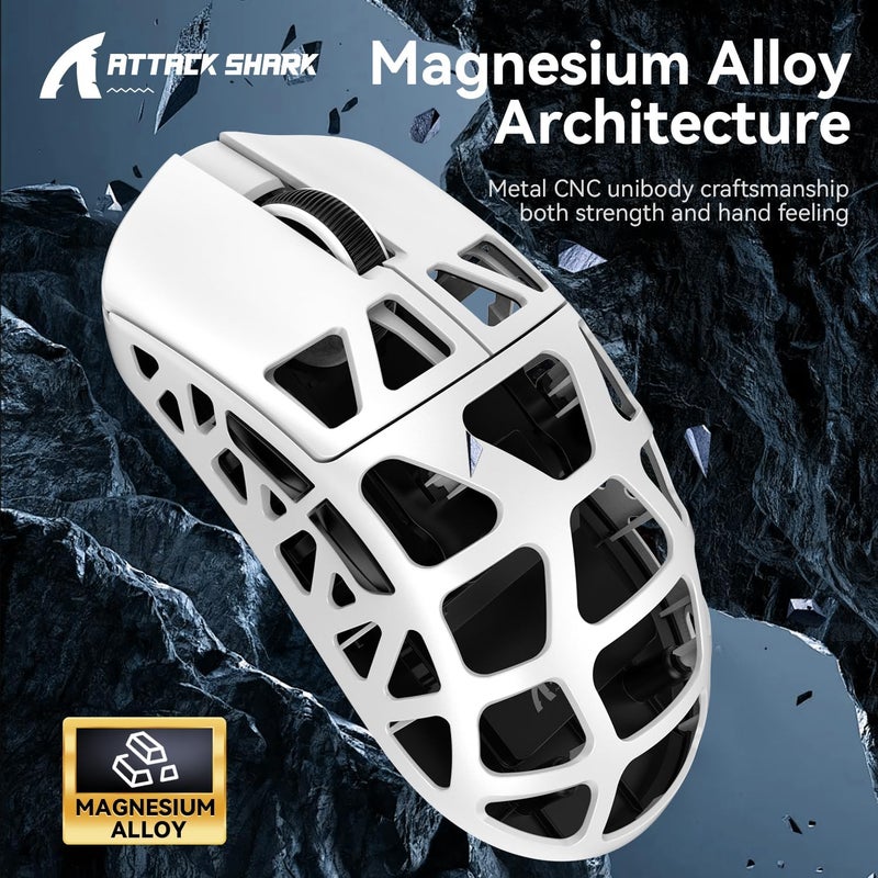 ATTACK SHARK R3 Magnesium Alloy Mouse, Wireless 8K Mouse, 46g SUPERLIGHT Mouse, PixArt PAW3395 Gaming Sensor, BT/2.4G/Wired Gaming Mouse, Adjustable DPI 26000, Office Mice for Win11/Xbox/PS/Mac -White - Image 3