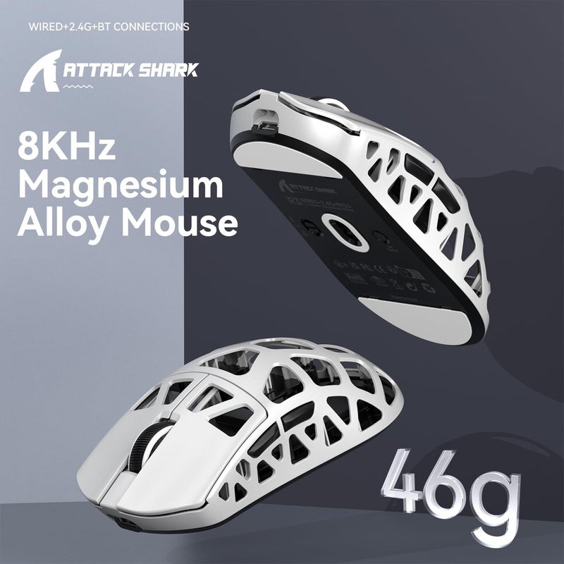 ATTACK SHARK R3 Magnesium Alloy Mouse, Wireless 8K Mouse, 46g SUPERLIGHT Mouse, PixArt PAW3395 Gaming Sensor, BT/2.4G/Wired Gaming Mouse, Adjustable DPI 26000, Office Mice for Win11/Xbox/PS/Mac -White - Image 2