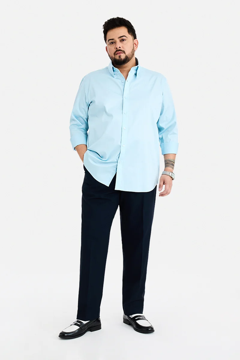 SNITCH Sky Blue Solid Long Sleeve Regular Fit Plus Size Shirt