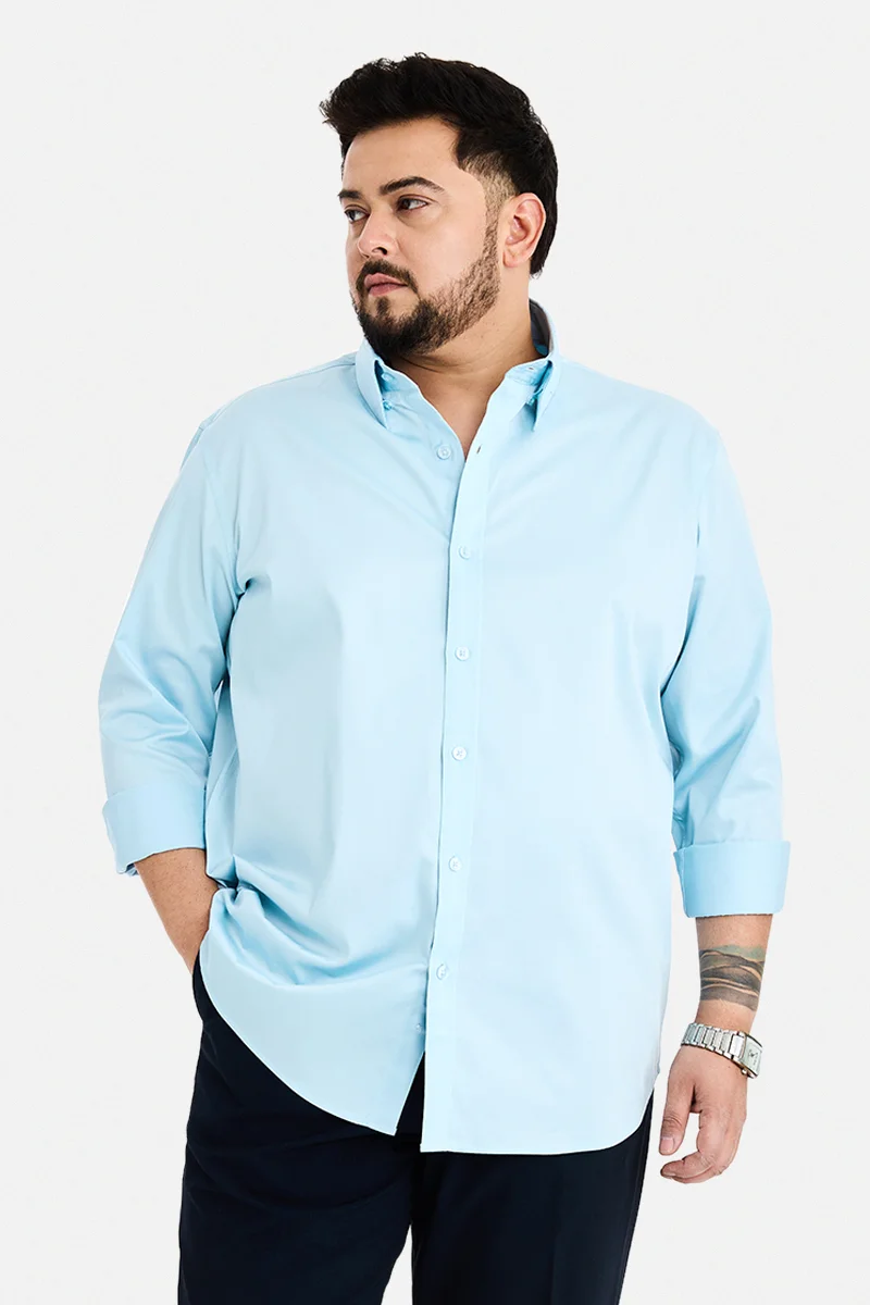 SNITCH Sky Blue Solid Long Sleeve Regular Fit Plus Size Shirt