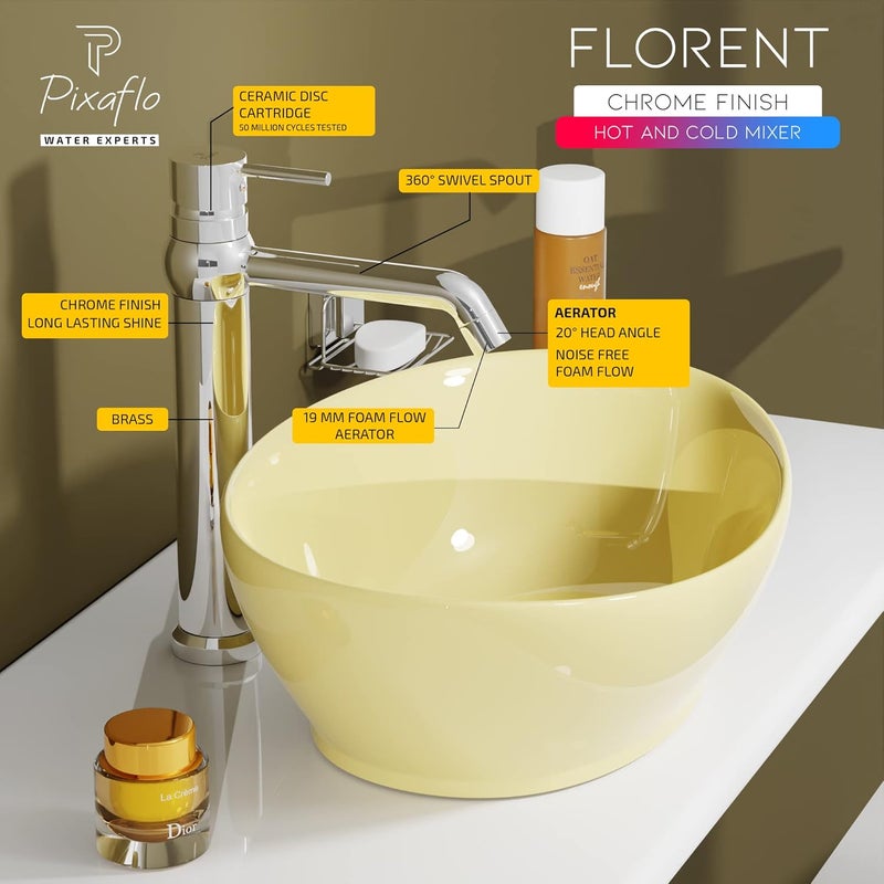 Pixaflo Brass Extended Tall Body Hot Cold Single Lever Basin Mixer 12 Tap with 360Degree Swivel Spout and 24 inches Long Braided Hoses Chrome Florent - Image 3
