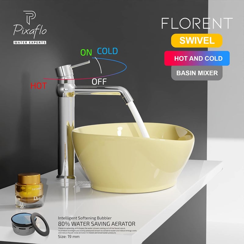 Pixaflo Brass Extended Tall Body Hot Cold Single Lever Basin Mixer 12 Tap with 360Degree Swivel Spout and 24 inches Long Braided Hoses Chrome Florent - Image 2