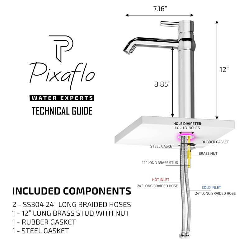 Pixaflo Brass Extended Tall Body Hot Cold Single Lever Basin Mixer 12 Tap with 360Degree Swivel Spout and 24 inches Long Braided Hoses Chrome Florent - Image 5