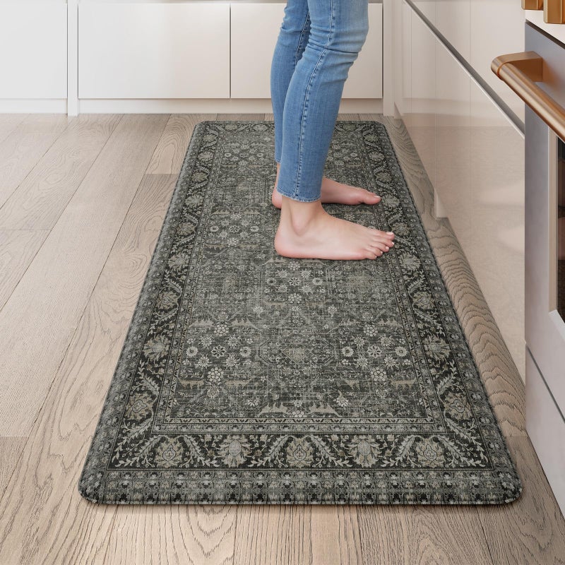 KIMODE Anti Fatigue Kitchen Mat, Cushioned Boho Distressed Kitchen Runner Rug, Non Slip Waterproof Kitchen Mat for Floor, Comfort Foam Standing Desk Mat for Laundry Office Sink Green/Grey 20"x39" - Image 1