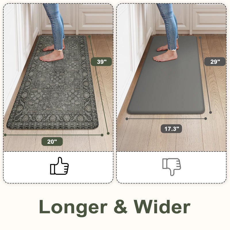 KIMODE Anti Fatigue Kitchen Mat, Cushioned Boho Distressed Kitchen Runner Rug, Non Slip Waterproof Kitchen Mat for Floor, Comfort Foam Standing Desk Mat for Laundry Office Sink Green/Grey 20"x39" - Image 2