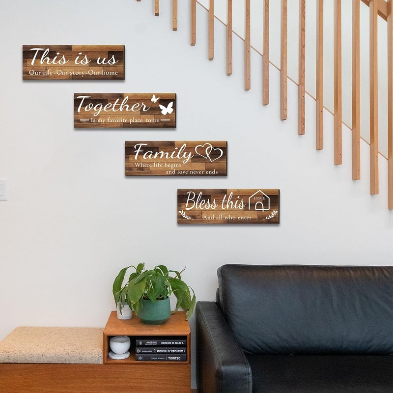 Joyhawk 4 Pieces Home Wall Signs, THIS IS US/TOGETHER/BLESS THIS HOME/FAMILY Wall Decor For Living Room Bedroom, Rustic Wooden Farmhouse Wall Art, 4.7 x 13.8 Inch(Brown) - Image 4