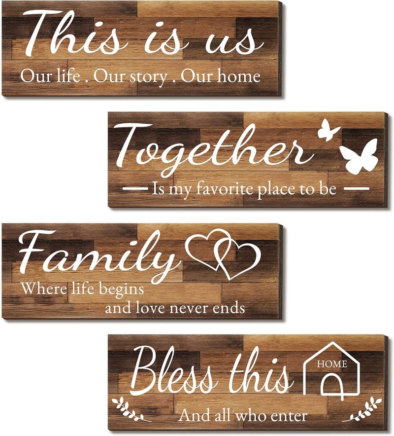 Joyhawk 4 Pieces Home Wall Signs, THIS IS US/TOGETHER/BLESS THIS HOME/FAMILY Wall Decor For Living Room Bedroom, Rustic Wooden Farmhouse Wall Art, 4.7 x 13.8 Inch(Brown) - Image 1