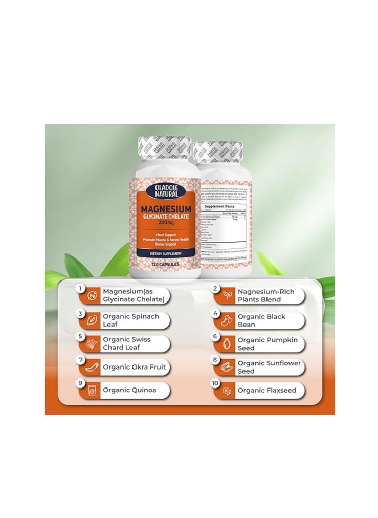 Oladole Natural Magnesium Glycinate Chelate Supplement 200 Mg For Each Cap With Organic Vegetables– Gluten Free, Non Gmo- 120 Capsules  - Image 3