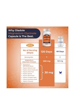 Oladole Natural Magnesium Glycinate Chelate Supplement 200 Mg For Each Cap With Organic Vegetables– Gluten Free, Non Gmo- 120 Capsules  - Image 5