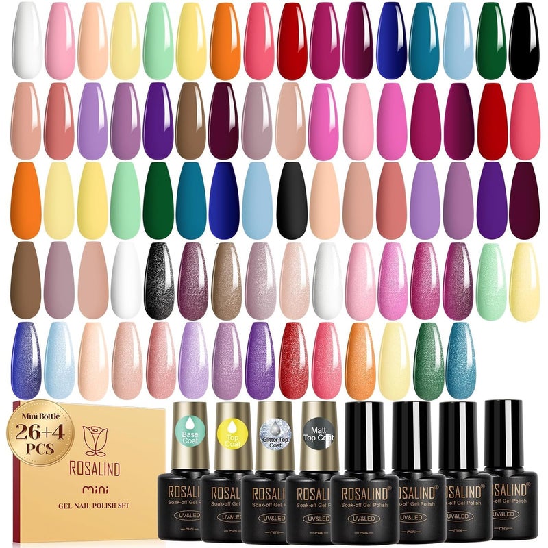 ROSALIND 30pcs Gel Nail Polish Set, 26 Colors Gel Polish with 3Pcs Glossy Matte Glitter Top Coat and Base Coat All Seasons Nude Blue Red Gel Nails art Kit DIY Salon at Home - Image 1