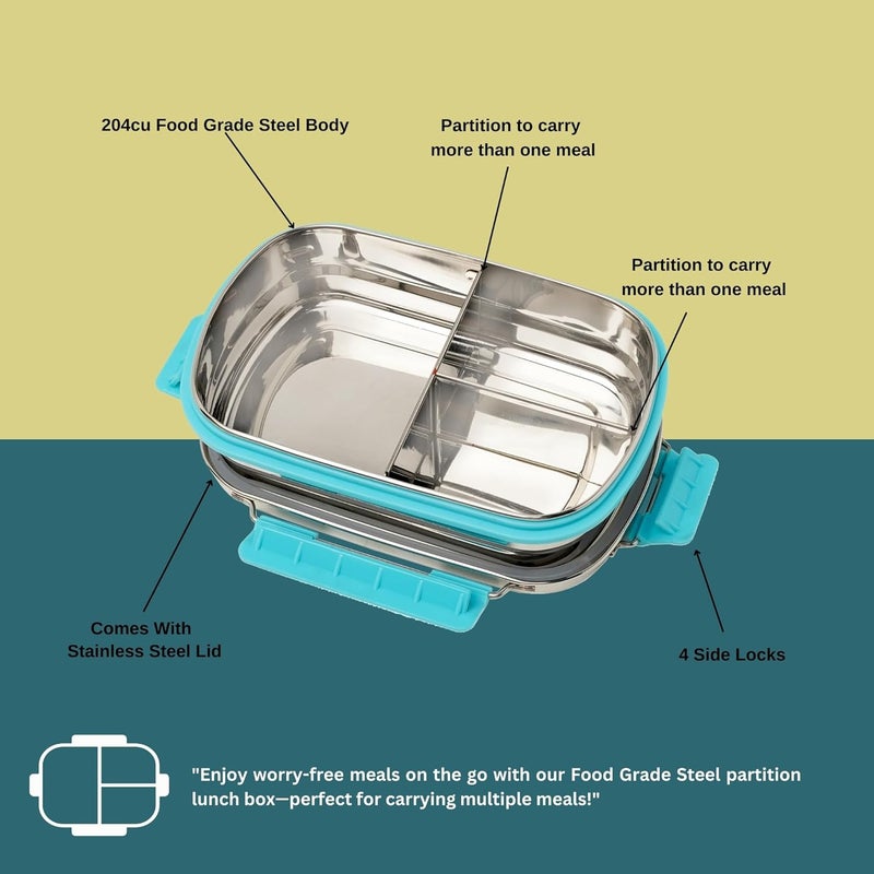 PDDFALCON Stainless Steel Munch Trio Lunch Box with 3 Compartment Food Grade Multi Compartment Snack Bento Box 750ml Sky Blue Not Leakproof Internally - Image 4