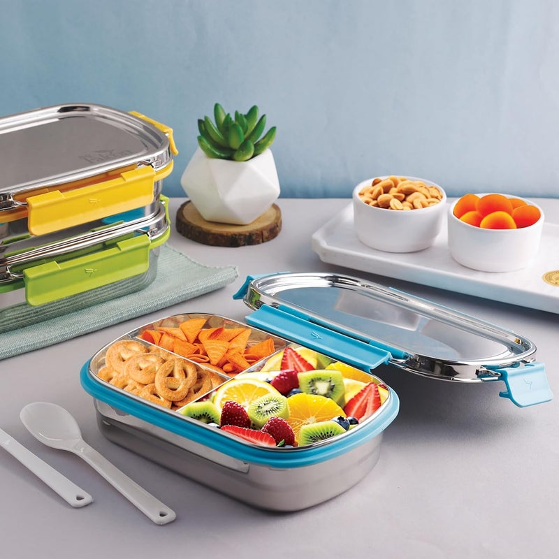 PDDFALCON Stainless Steel Munch Trio Lunch Box with 3 Compartment Food Grade Multi Compartment Snack Bento Box 750ml Sky Blue Not Leakproof Internally - Image 2