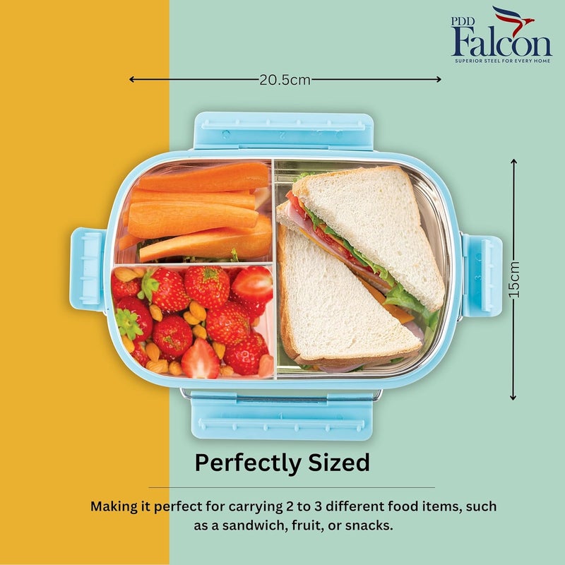 PDDFALCON Stainless Steel Munch Trio Lunch Box with 3 Compartment Food Grade Multi Compartment Snack Bento Box 750ml Sky Blue Not Leakproof Internally - Image 3
