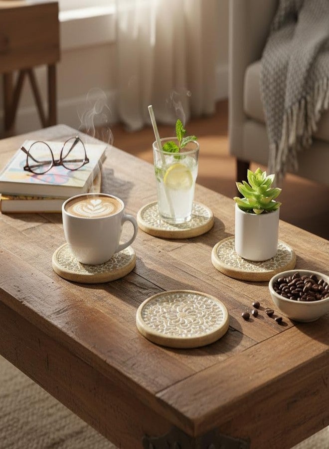 Green Decor Wooden Coasters - Decorative Tea Coasters - Kitchen Dining Table Decor Accessories - Drink Coaster Set for Dining Table for Hot Pots - Coasters for Cups Set of 4 - (4x4 Inch) - Image 5