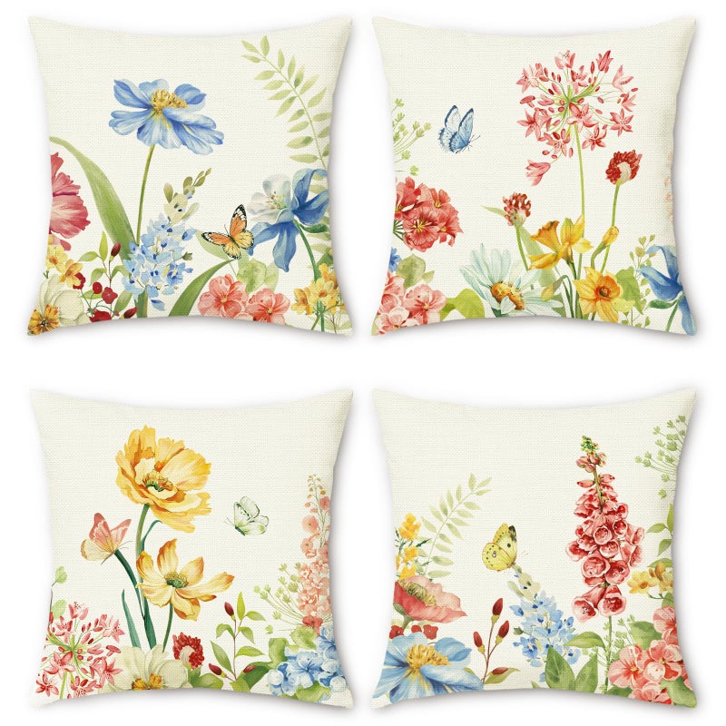 Bonhause Spring Floral Pillow Covers 18x18 Inch Set of 4 Wildflower Plant Decorative Cushion Covers Polyester Linen Seasonal Flowers Outdoor Pillows Cases for Couch Sofa Garden Patio