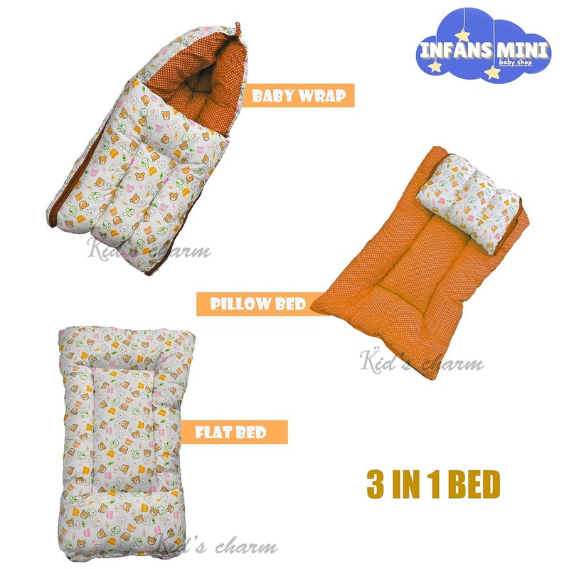 Infans Mini Teddy Mega 3 in 1 Babys Cotton Bed Cum Carry Bed Printed Baby Sleeping BagBaby BedInfant Portable for Unisex Easily PortableLight Weight Carry for New Born 48 Months OldOrangeWhite - Image 3