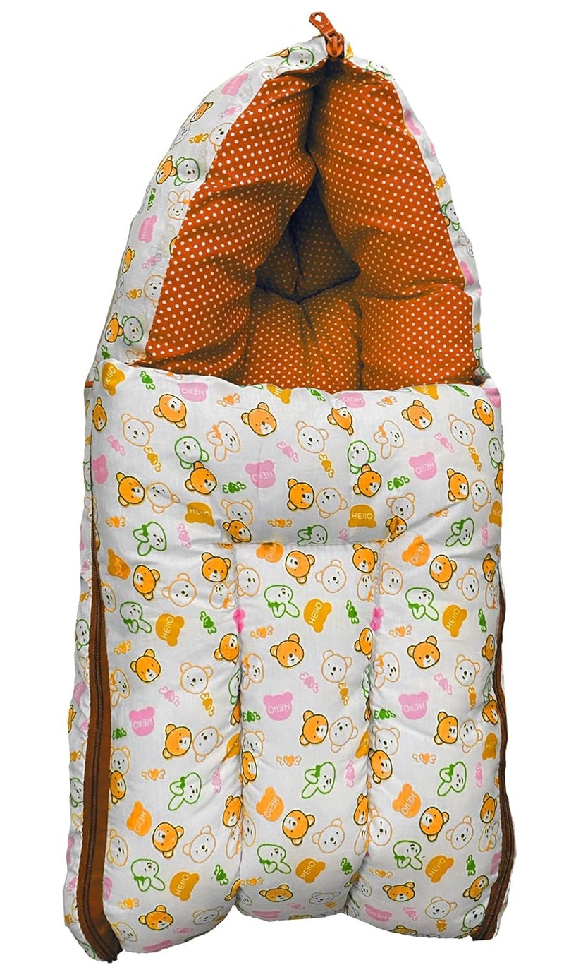 Infans Mini Teddy Mega 3 in 1 Babys Cotton Bed Cum Carry Bed Printed Baby Sleeping BagBaby BedInfant Portable for Unisex Easily PortableLight Weight Carry for New Born 48 Months OldOrangeWhite - Image 1
