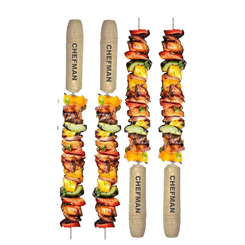 Chefman BBQ Skewers with Wooden Handles for All Types of Grilling | Heavy Duty, Reusable Barbecue Skewers for Outdoor Grilling, Roasting, and Tandoor | Ideal for Meat, Vegetables, Kabobs,| Set of 4 - Image 1