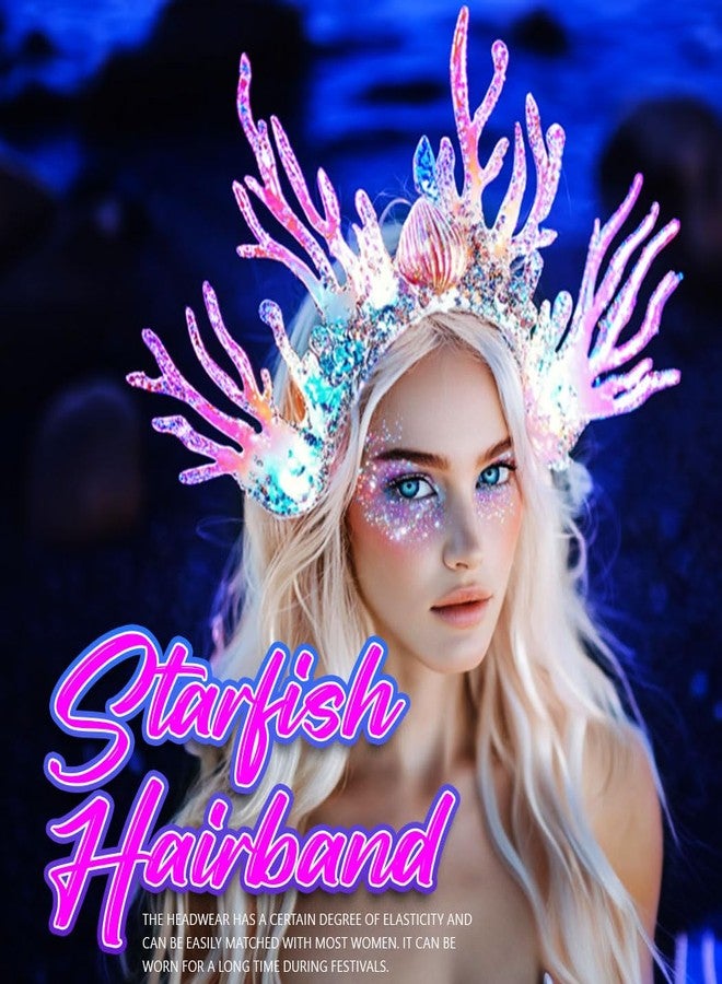 Zoestar Light Up Mermaid Crown Sparkly Starfish Headband Glowing Pearl Tiaras for Women - Image 4