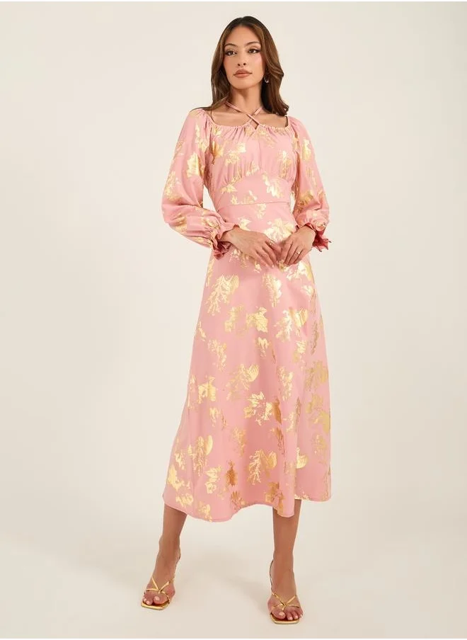 كي أل Cross Neck Detail Foil Printed Midi Dress by Styli