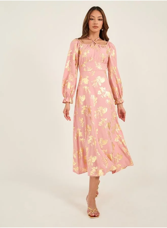 كي أل Cross Neck Detail Foil Printed Midi Dress by Styli