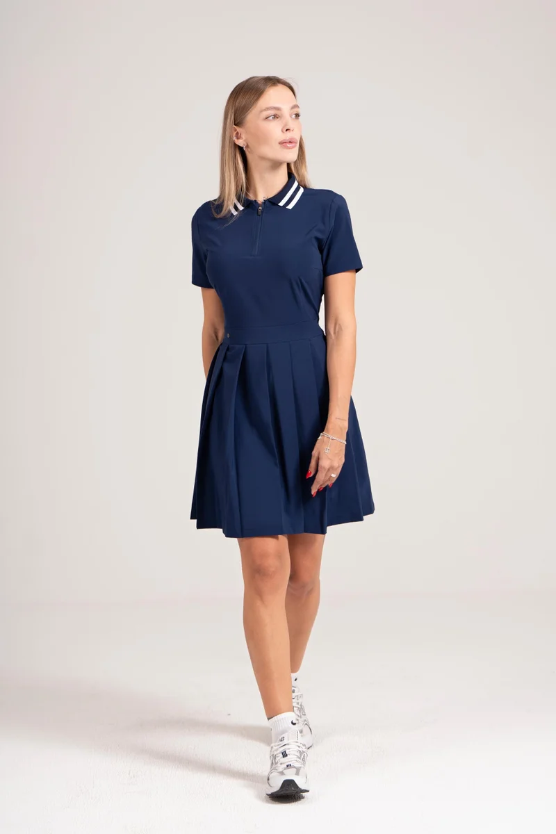 EGL EGL Women's Golf Dress - Navy Blue with White Stripe Collar - Athletic Fit