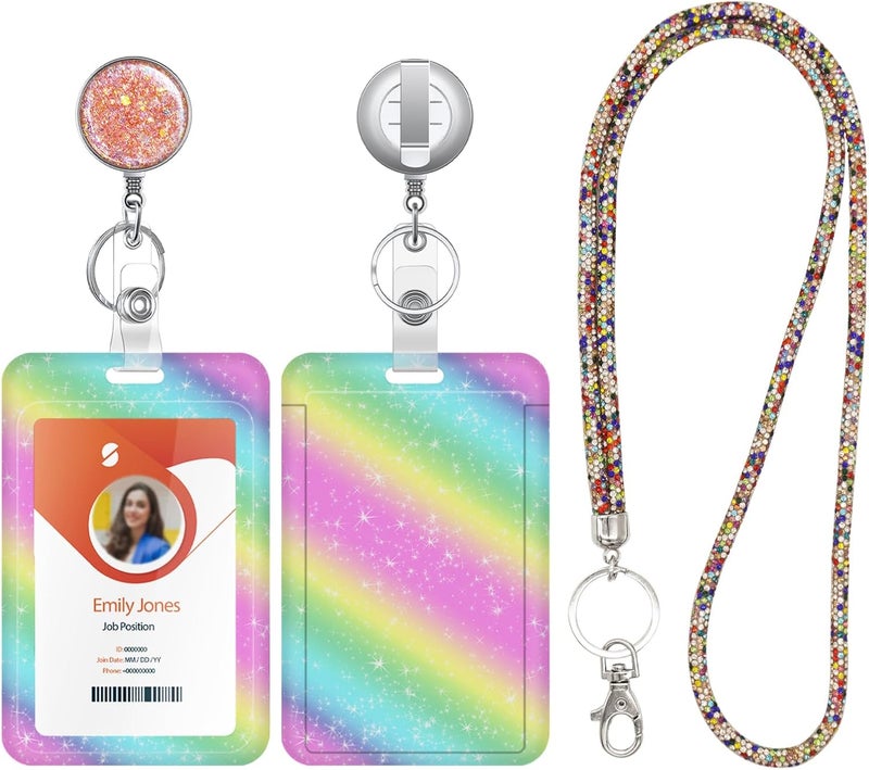 Boutilon ID Badge Holder with Lanyard,Retractable ID Badge Card Holders Sparkling Detachable Lanyard Strap with Badge Reel and Vertical ID Holder for Nurse Students Teachers(Colorful Sparkling) - Image 1