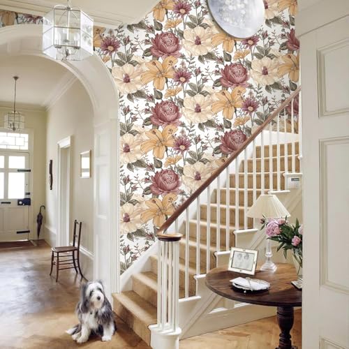 Livebor Floral Peel and Stick Wallpaper Vintage Floral Contact Paper 16.9in x 118.1in Peony Contact Paper Peony Removable Self Adhesive Wallpaper Peel and Stick for Bathroom Decorative Cabinet Vinyl - Image 3