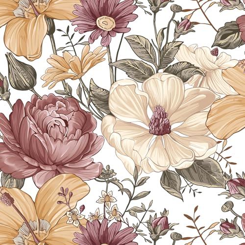Livebor Floral Peel and Stick Wallpaper Vintage Floral Contact Paper 16.9in x 118.1in Peony Contact Paper Peony Removable Self Adhesive Wallpaper Peel and Stick for Bathroom Decorative Cabinet Vinyl - Image 1