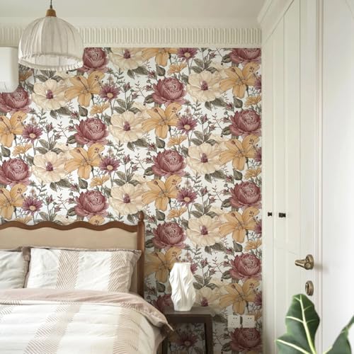Livebor Floral Peel and Stick Wallpaper Vintage Floral Contact Paper 16.9in x 118.1in Peony Contact Paper Peony Removable Self Adhesive Wallpaper Peel and Stick for Bathroom Decorative Cabinet Vinyl - Image 2