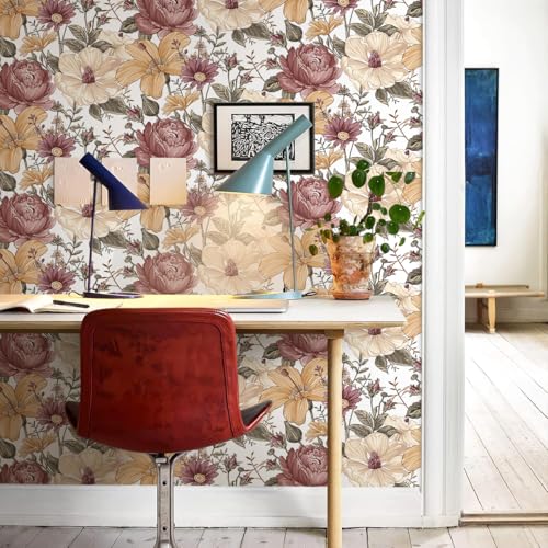 Livebor Floral Peel and Stick Wallpaper Vintage Floral Contact Paper 16.9in x 118.1in Peony Contact Paper Peony Removable Self Adhesive Wallpaper Peel and Stick for Bathroom Decorative Cabinet Vinyl - Image 4