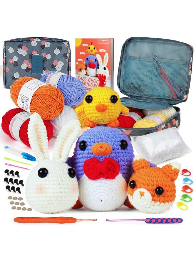 Coopay Crochet Kit for Beginners: 4 in 1 Crochet Animal Kit - Penguin, Chick, Rabbit & Fox, Crochet Set Beginner Crochet Starter Kit for Adults, Learn to Crocheting Knitting Kit Includes Instructions - Image 1