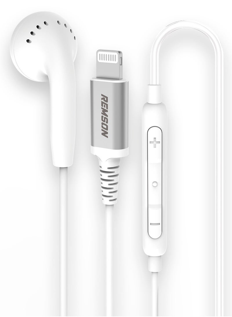 Remson - Remson Wired Mono Single MFi Lightning Connector Headphone Earphone Earbud with In-Line Remote Compatible for iPhone 13 12 11 Pro Max iPhone X XS Max XR - White - Image 1