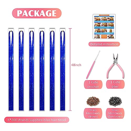 Fiwecos Sapphire Blue Hair Tinsel Kit 48 Inches 1200 Strands with Tools and Instruction Easy to Install Fairy Glitter Tinsel Hair Extensions for Women and Girls，Shinny Sparkling Braiding Hair Accessories - Image 3