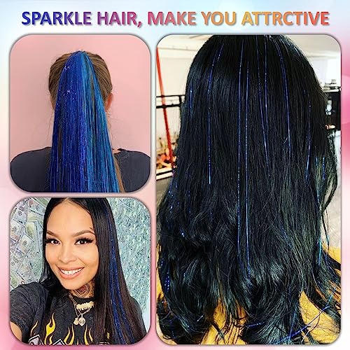 Fiwecos Sapphire Blue Hair Tinsel Kit 48 Inches 1200 Strands with Tools and Instruction Easy to Install Fairy Glitter Tinsel Hair Extensions for Women and Girls，Shinny Sparkling Braiding Hair Accessories - Image 2