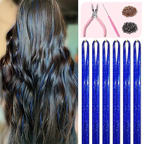 Fiwecos Sapphire Blue Hair Tinsel Kit 48 Inches 1200 Strands with Tools and Instruction Easy to Install Fairy Glitter Tinsel Hair Extensions for Women and Girls，Shinny Sparkling Braiding Hair Accessories - Image 1