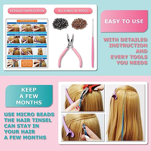 Fiwecos Sapphire Blue Hair Tinsel Kit 48 Inches 1200 Strands with Tools and Instruction Easy to Install Fairy Glitter Tinsel Hair Extensions for Women and Girls，Shinny Sparkling Braiding Hair Accessories - Image 4