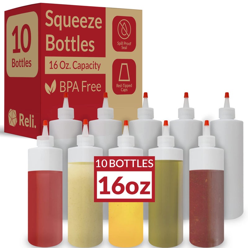Reli. Plastic Squeeze Bottles, 16 oz. | 10 Pack | Condiment Squeeze Bottles for Sauces | Clear w/Red Tip Cap | 16 Ounce Hot Sauce, Ketchup | Condiments, Olive Oil, Glue - Image 1