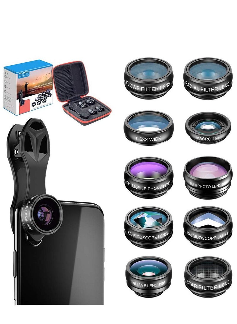 Y&D 10 in 1 Phone camera Lens Kit Fisheye Wide Angle macro CPL Filter Kaleidoscope and 2X telescope for smartphone  - Image 1