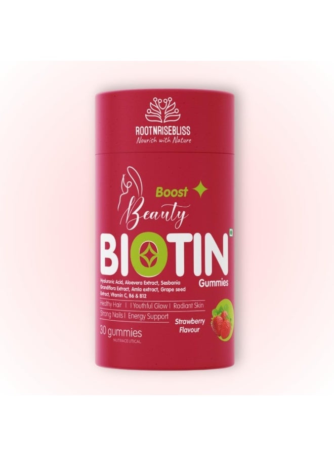 ROOTNRISEBLISS Beauty Biotin Gummies – Strawberry Flavour | With Hyaluronic Acid, Aloe Vera, Amla, Grape Seed & Vitamins C, B6, B12 | For Hair Growth, Glowing Skin & Strong Nails | 30 Vegetarian Gummies (Pack of 1) - Image 1
