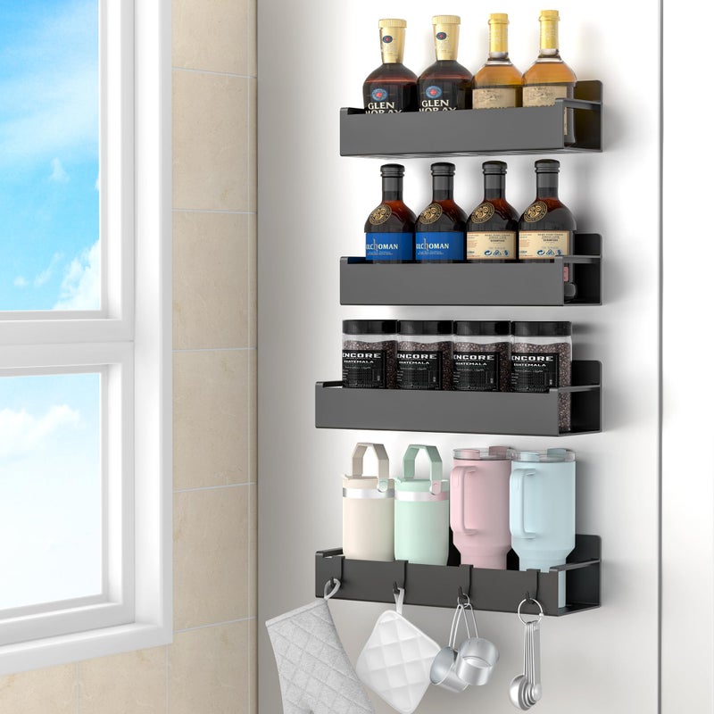 HuggieGems 4 Pack Magnetic Spice Rack Organizer for Refrigerator and Oven Black Fridge Organizers and Storage for Kitchen