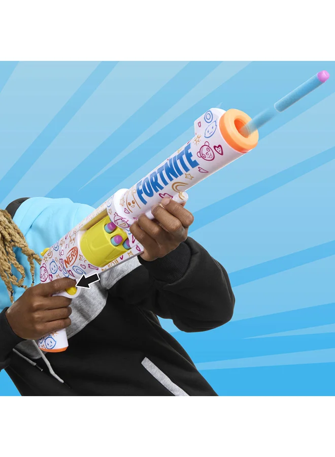 NERF Nerf Fortnite Frenz 4 Ever Blaster, Bonus Code To Unlock Frenz 4 Ever Wrap in the Game, 6 Nerf Elite Darts, 6-Dart Drum, Fortnite Gifts