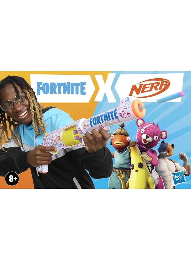 NERF Nerf Fortnite Frenz 4 Ever Blaster, Bonus Code To Unlock Frenz 4 Ever Wrap in the Game, 6 Nerf Elite Darts, 6-Dart Drum, Fortnite Gifts