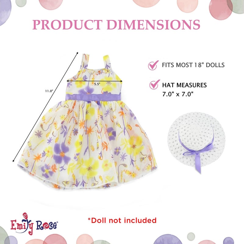 Emily Rose 18 Inch Doll Clothes Floral Chifon Spring Summer Party Dress Outfit Including White Hat - 18" Doll Clothing & Accessories Gift Set | Doll NOT Included | USA Business - Image 4